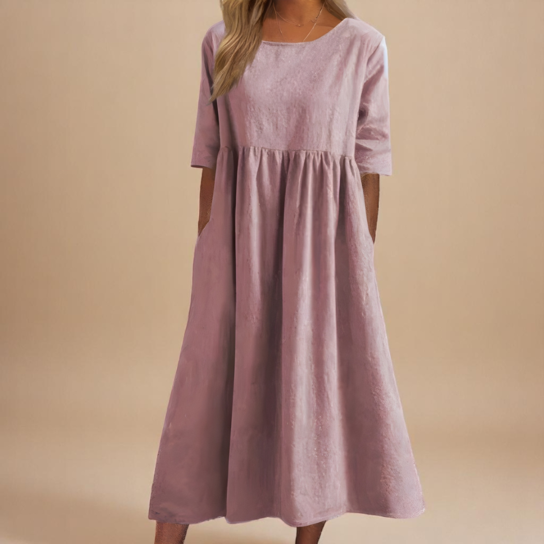 Robe midi à taille froncée et manches mi-longues pour femme