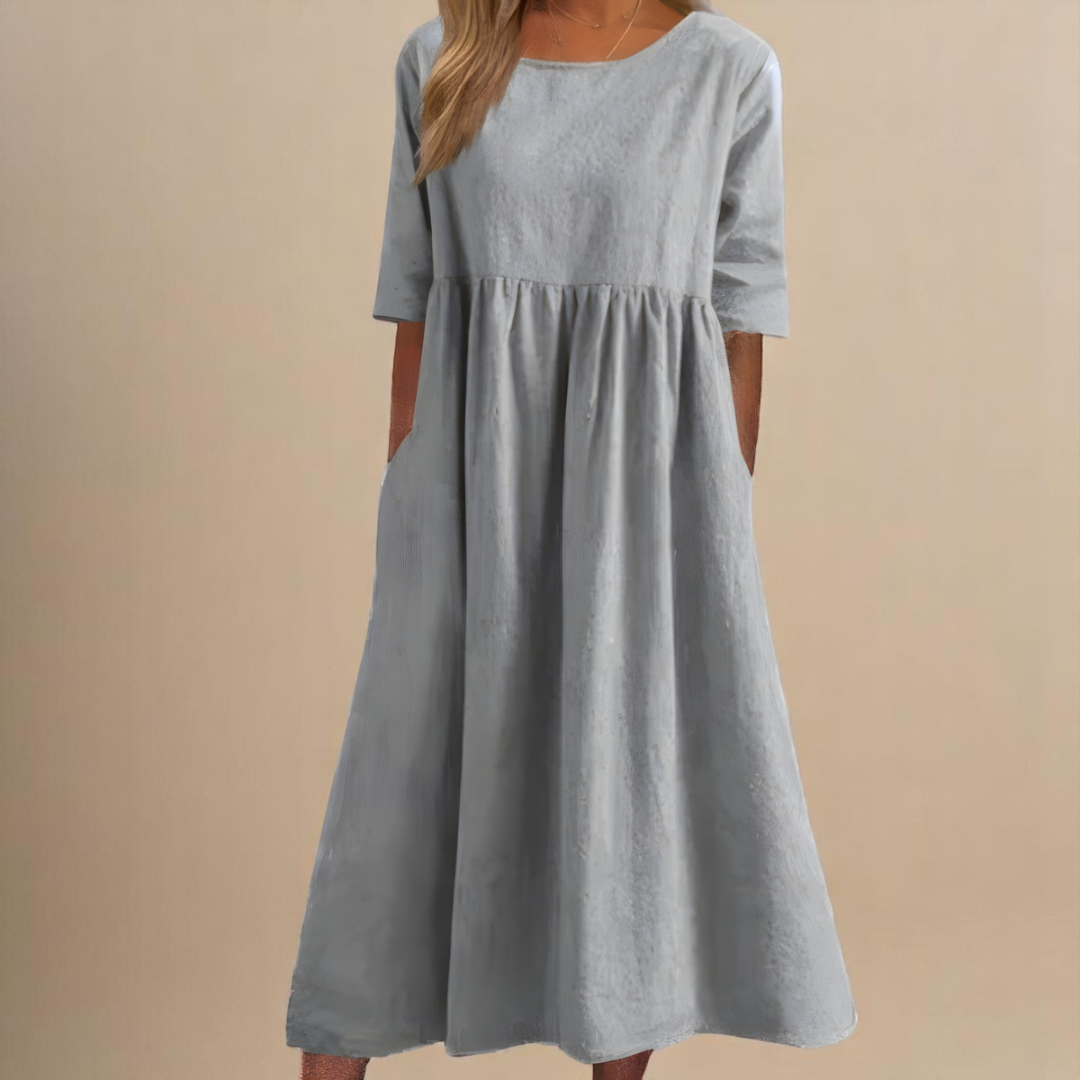 Robe midi à taille froncée et manches mi-longues pour femme