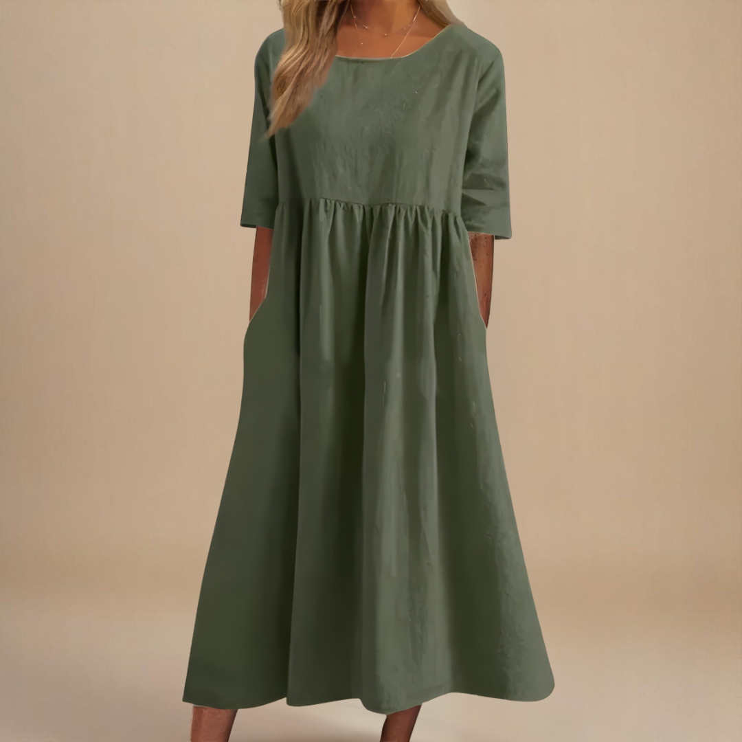 Robe midi à taille froncée et manches mi-longues pour femme
