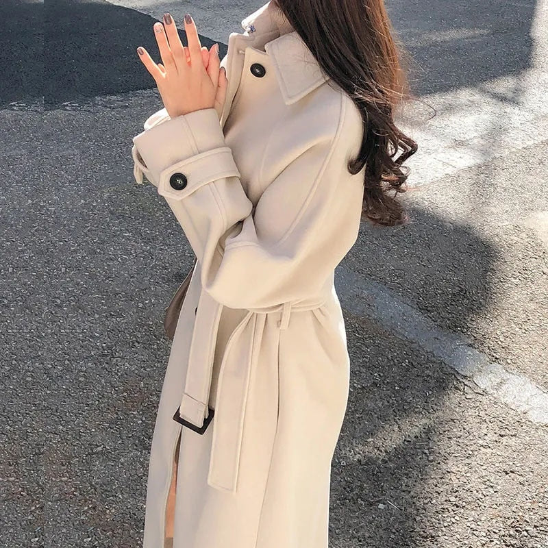 Women's Long Belted Double-Breasted Trench Coat