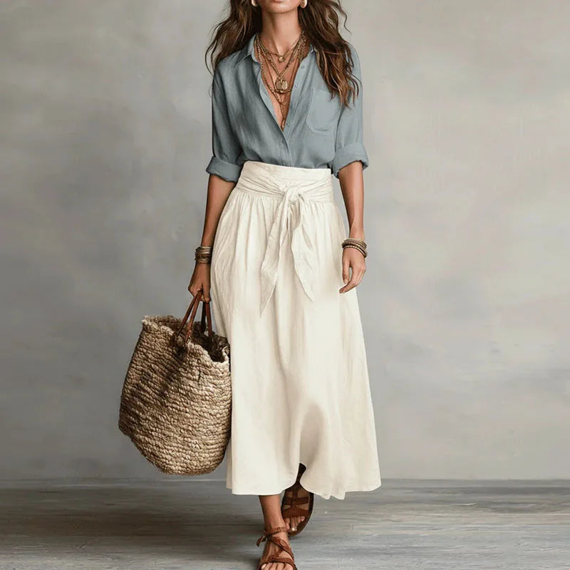 Ensemble deux pièces pour femme : blouse et jupe midi à taille nouée