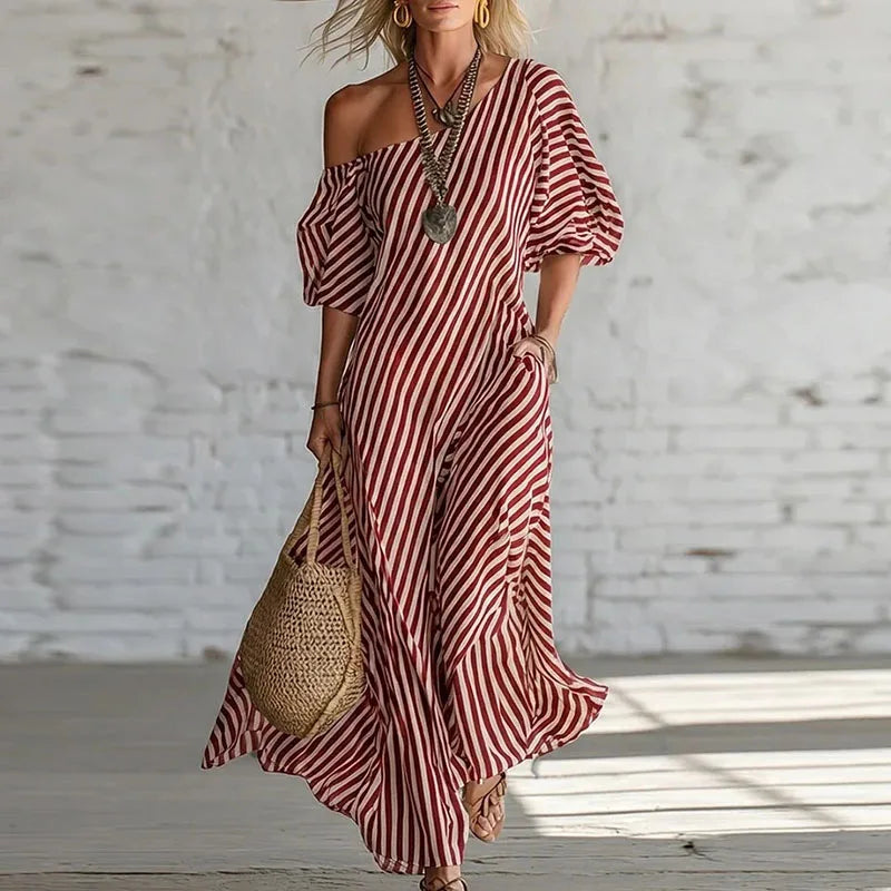 Women's One Shoulder Striped Puff Sleeve Maxi Dress
