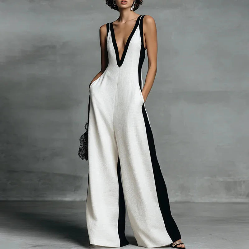 Women's Wide-Leg Jumpsuit with Deep V-Neck