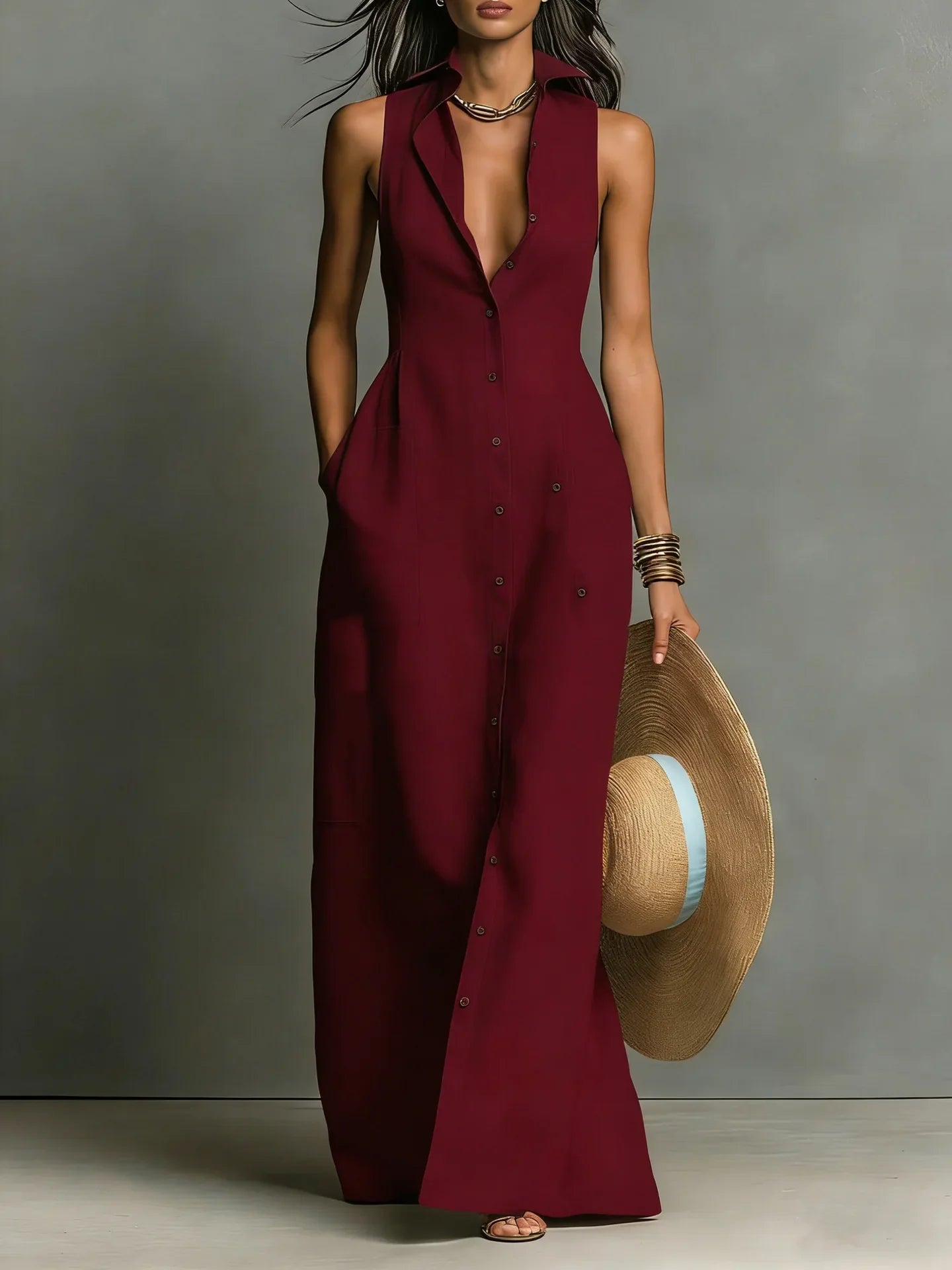 Robe longue sans manches pour femme avec col à revers