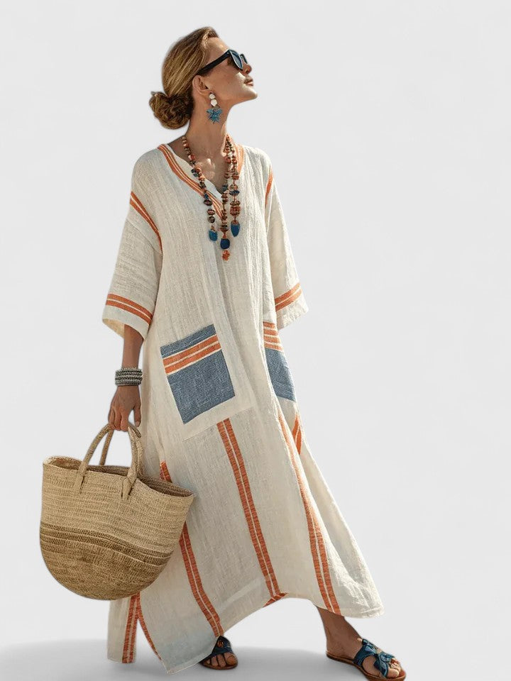 Women's Bohemian Striped V-Neck Maxi Caftan Dress with Pockets