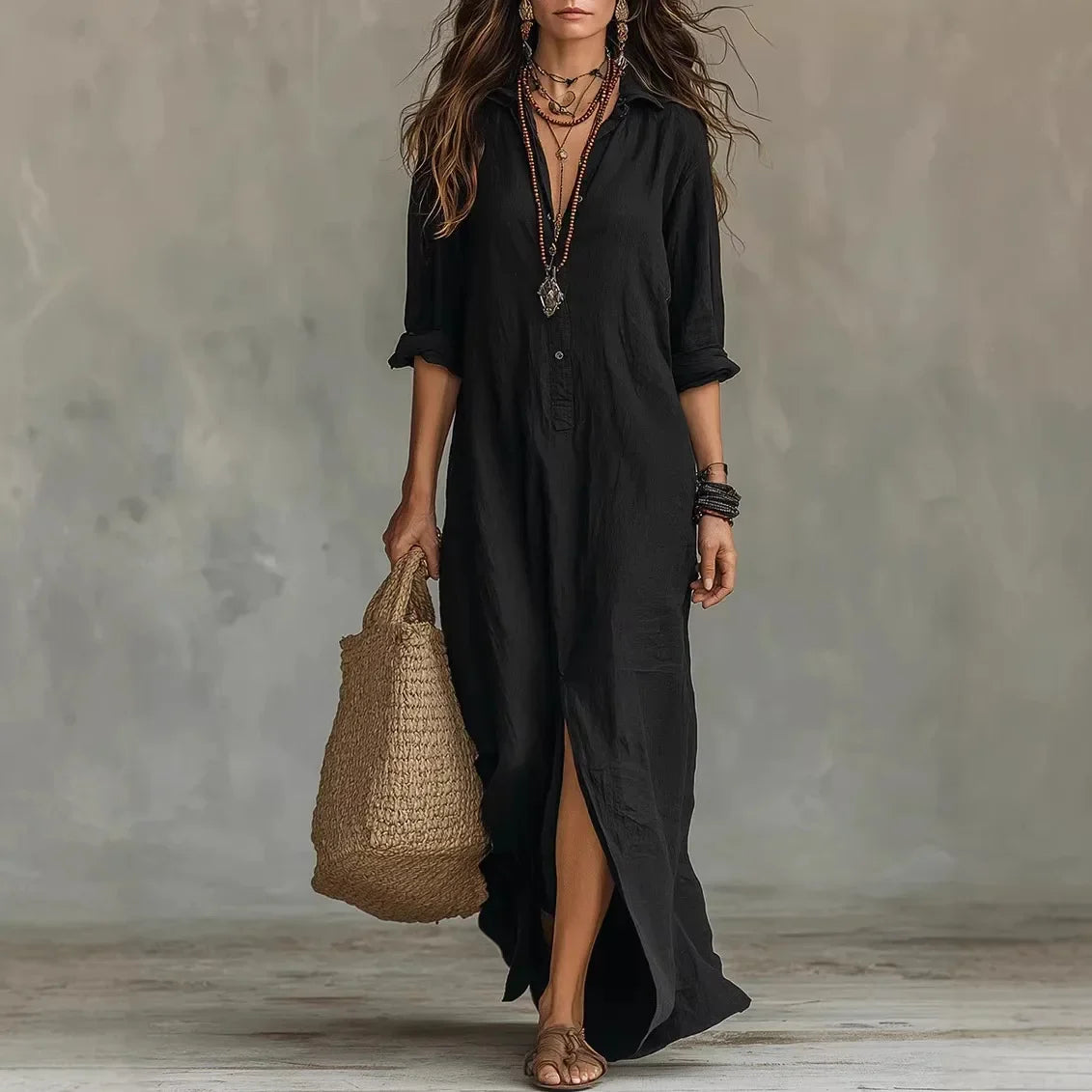 Women's Relaxed Button-Front Maxi Shirt Dress with Side Slit