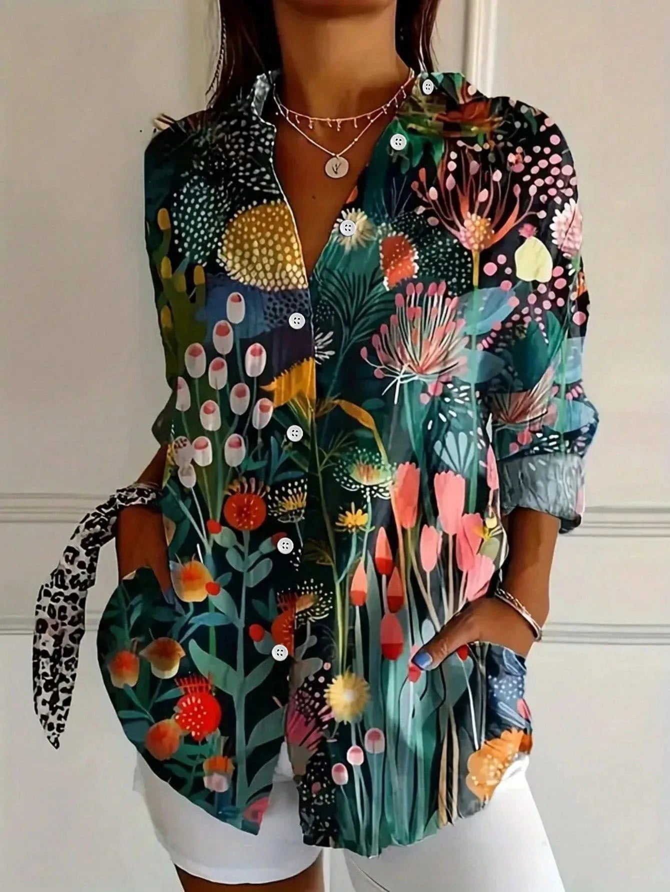 Women's Colorful Floral Button Front Blouse