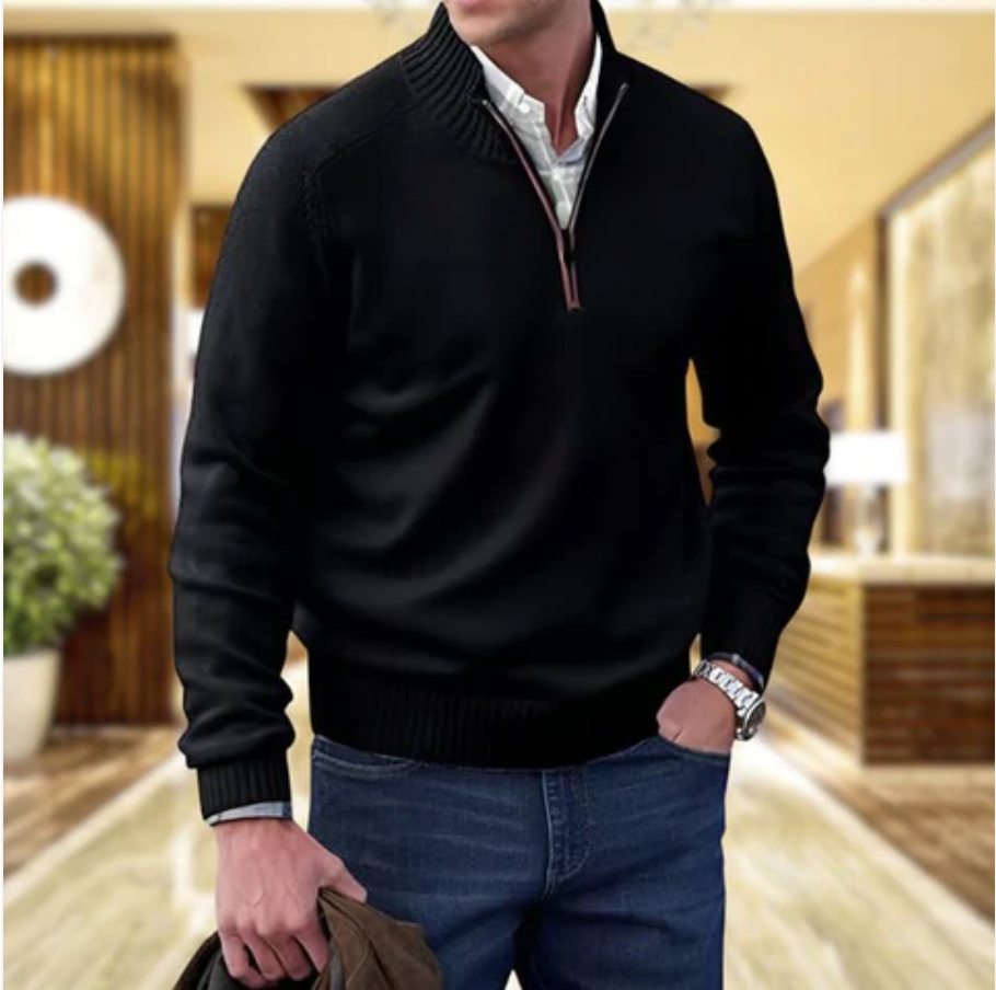 Maglione da uomo con zip a un quarto e dettagli a coste