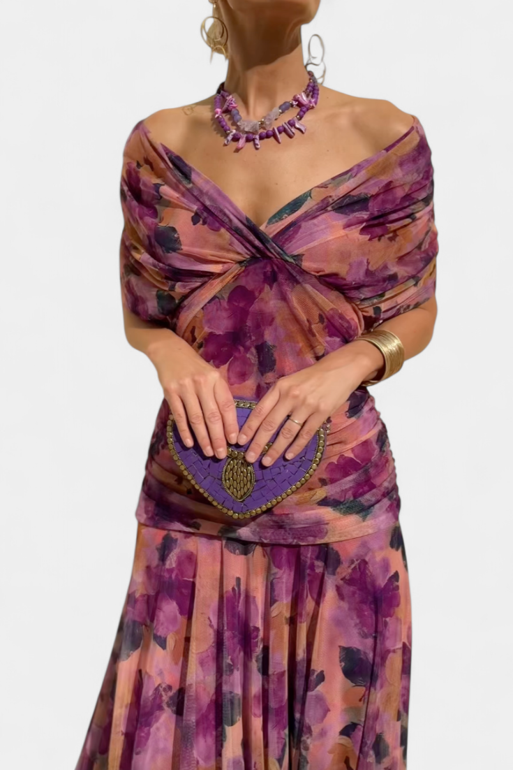 Women's Maxi Dress with V-Neck and Ruched Waist