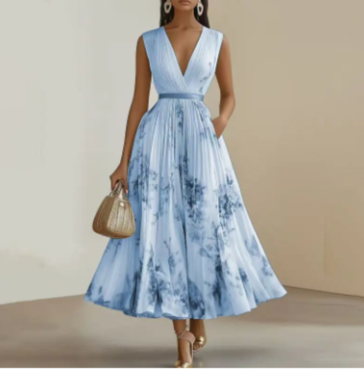 Women's Floral V-Neck Maxi Dress with Pleated Skirt