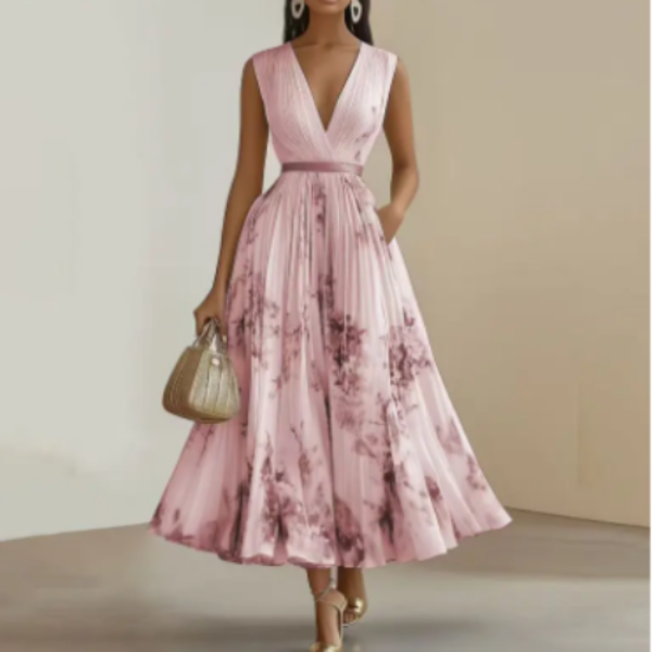Women's Floral V-Neck Maxi Dress with Pleated Skirt