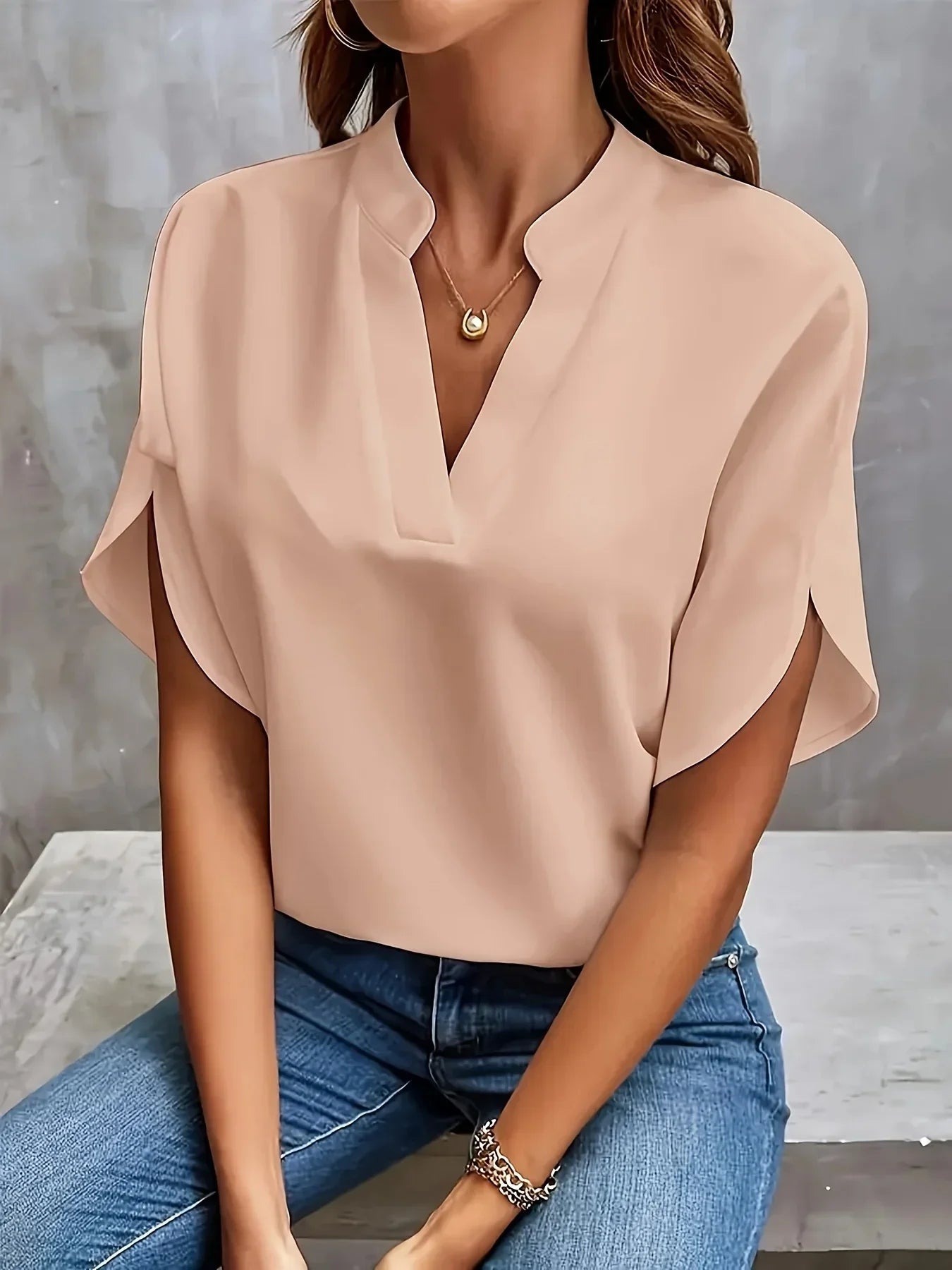V-Neck Blouse Women Loose Fit Short Sleeve