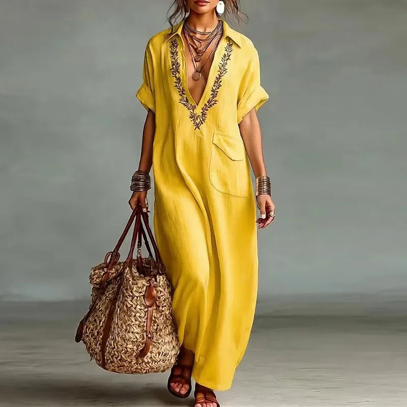 Robe maxi bohème imprimée pour femme avec décolleté plongeant en V