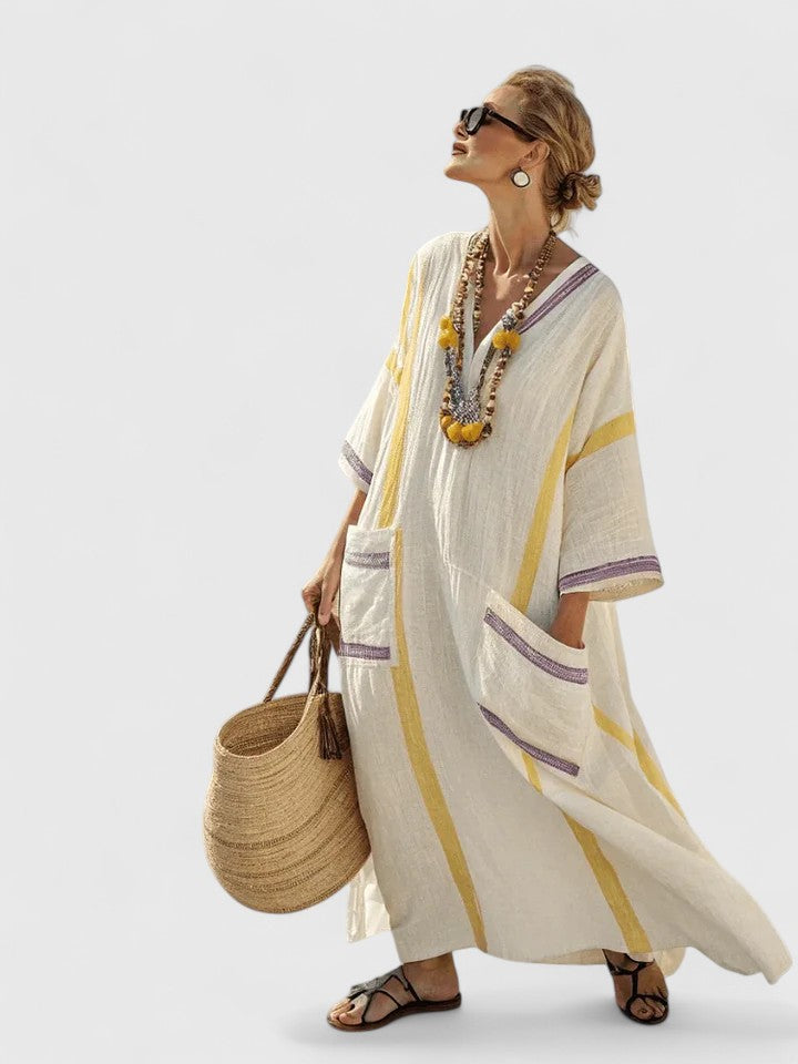 Women's Bohemian Striped V-Neck Maxi Caftan Dress with Pockets