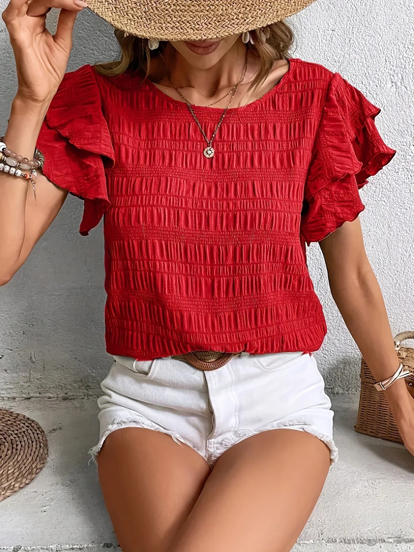 Blouse d'été décontractée pour femme avec manches à volants smockées