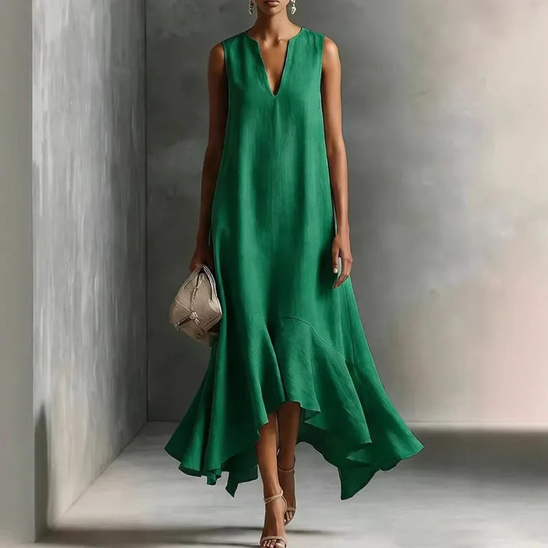 Robe d'été fluide pour femme à col en V avec ourlet à volants