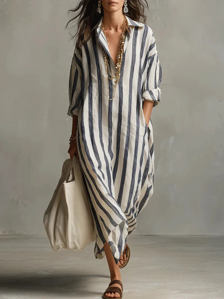 Women's Relaxed Striped Maxi Shirt Dress with V-Neck Collar