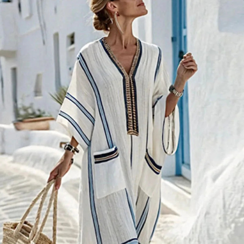 Robe maxi bohème pour femme avec col en V et détails rayés