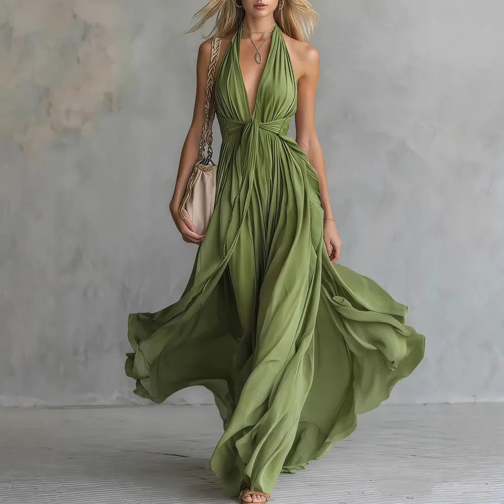 Robe longue dos nu à col halter pour femme avec fente plissée sur le côté