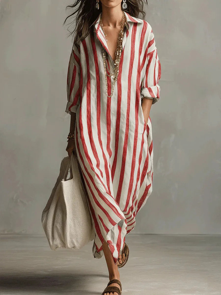 Women's Relaxed Striped Maxi Shirt Dress with V-Neck Collar