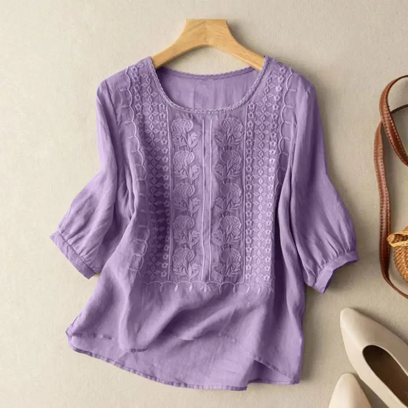 Embroidered Round Neck Casual Blouse for Women
