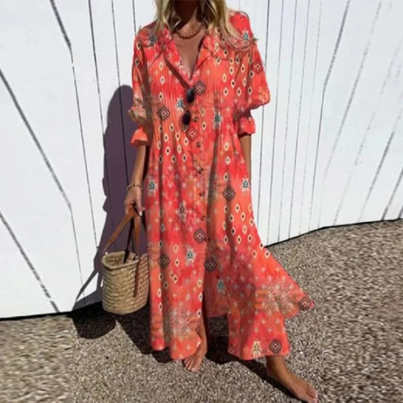 Women's All-Over Floral V-Neck Loose Maxi Dress