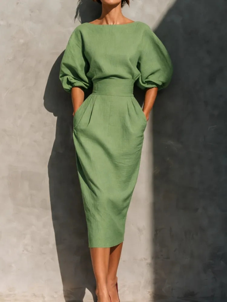 Robe midi à manches bouffantes pour femme avec poches