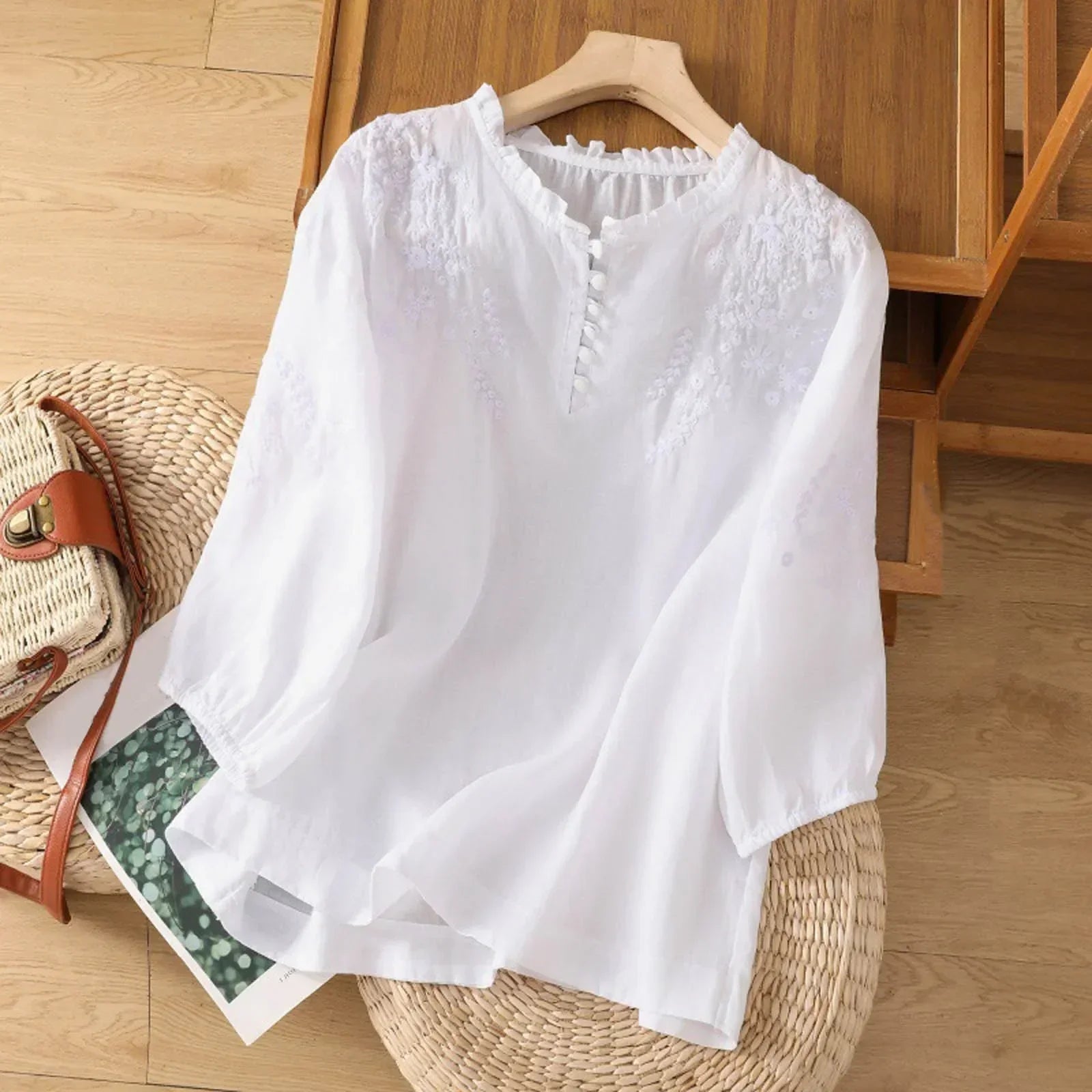 Mireya Embroidered Button Front Blouse for Women