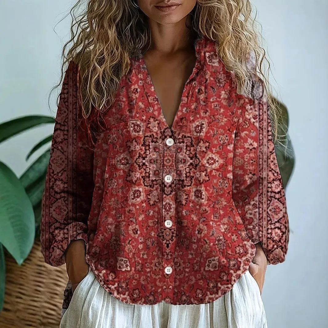 Γυναικεία Χαλαρή Μπλούζα Boho με V-Λαιμόκοψη και Μακριά Μανίκια