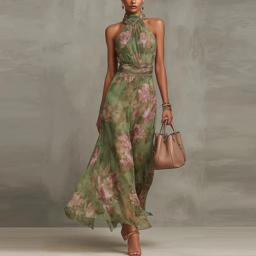 Robe longue à col licou fleurie pour femme