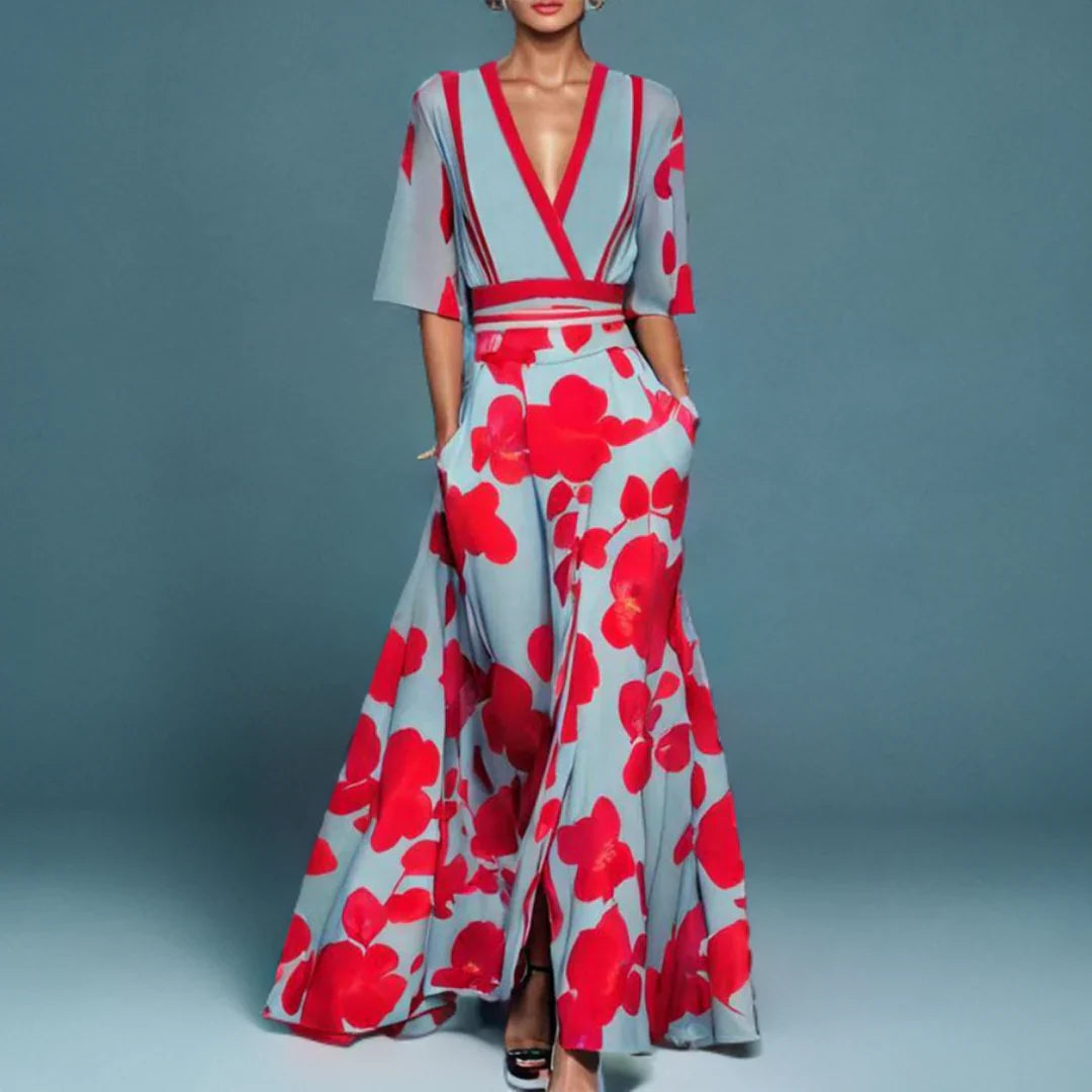 Robe longue portefeuille florale audacieuse pour femme avec poches latérales