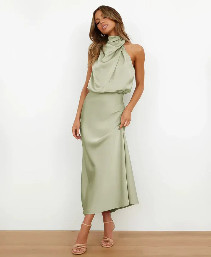 Women's Elegant Sleeveless Mock Neck Midi Dress with Draped Silhouette
