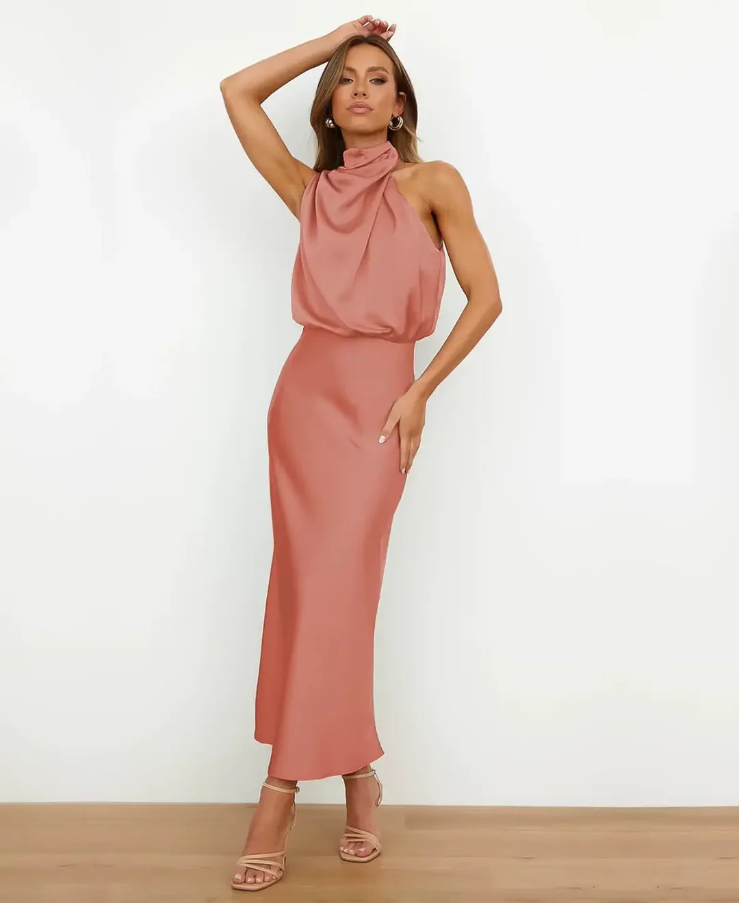 Women's Elegant Sleeveless Mock Neck Midi Dress with Draped Silhouette
