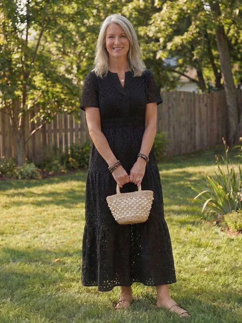 Women's Short Sleeve Eyelet Tiered Midi Dress