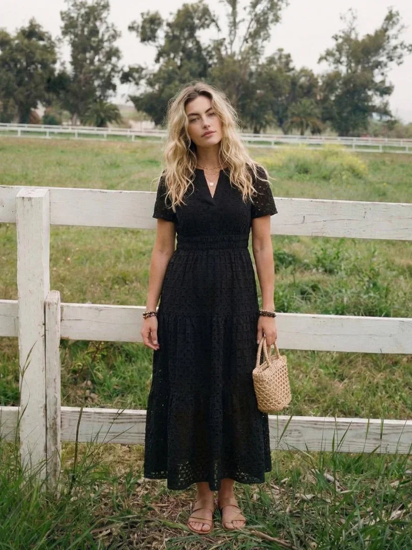 Women's Short Sleeve Eyelet Tiered Midi Dress