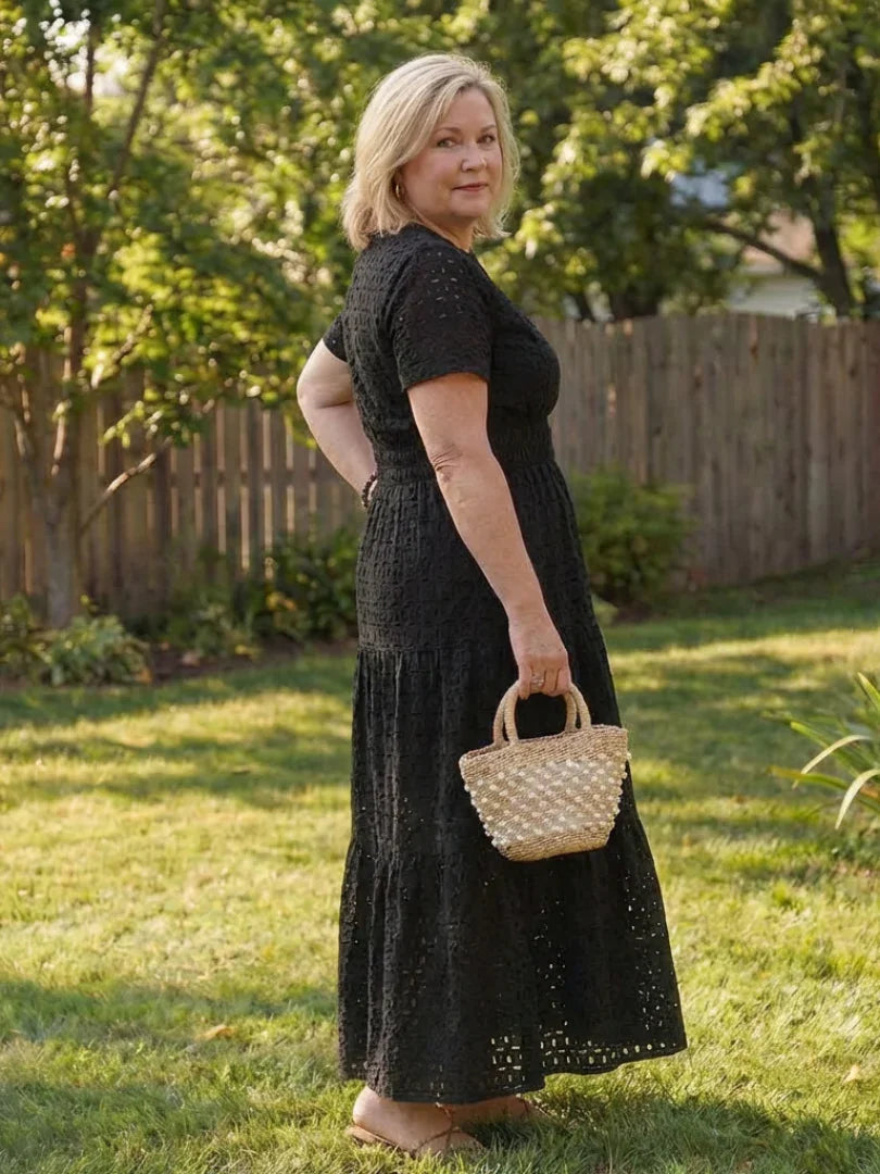 Women's Short Sleeve Eyelet Tiered Midi Dress