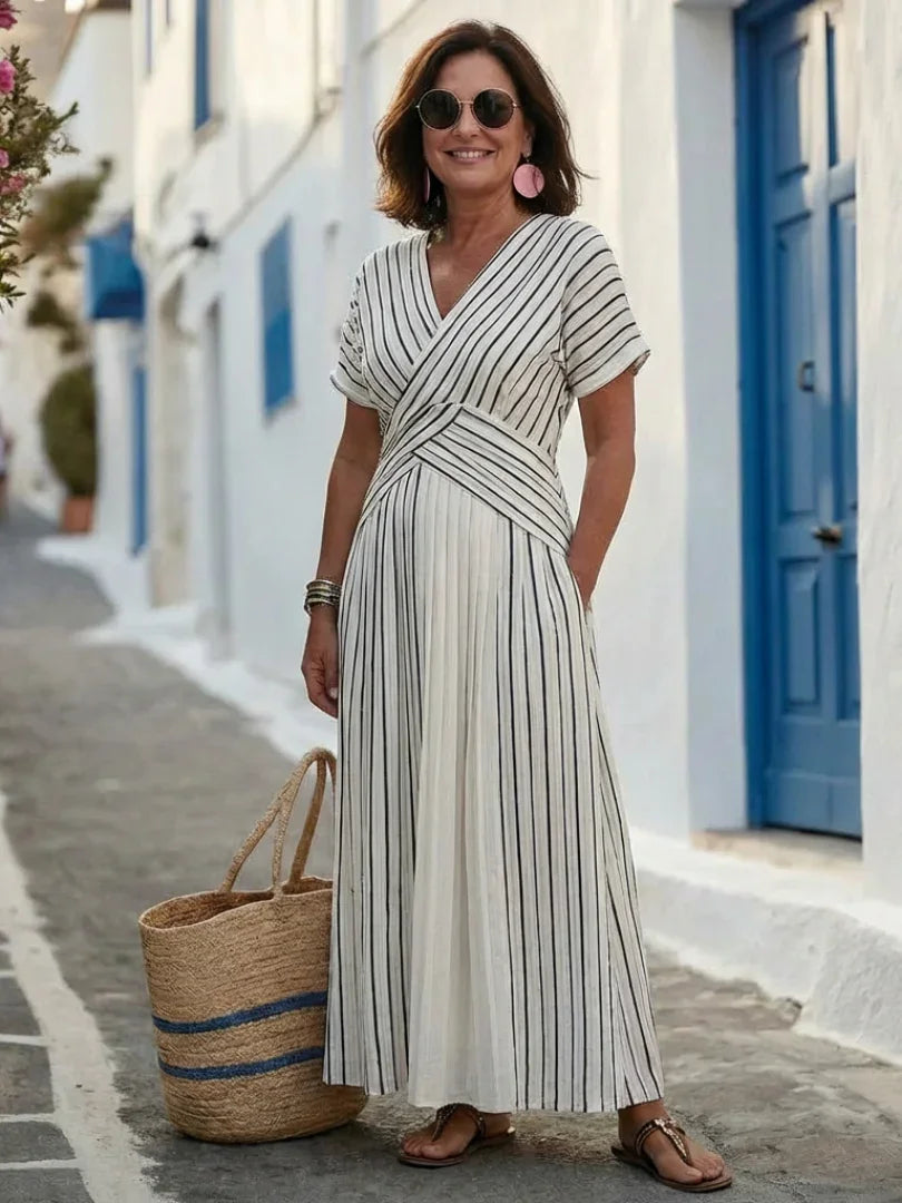 Women's V-Neck Midi Dress with Cross Waist