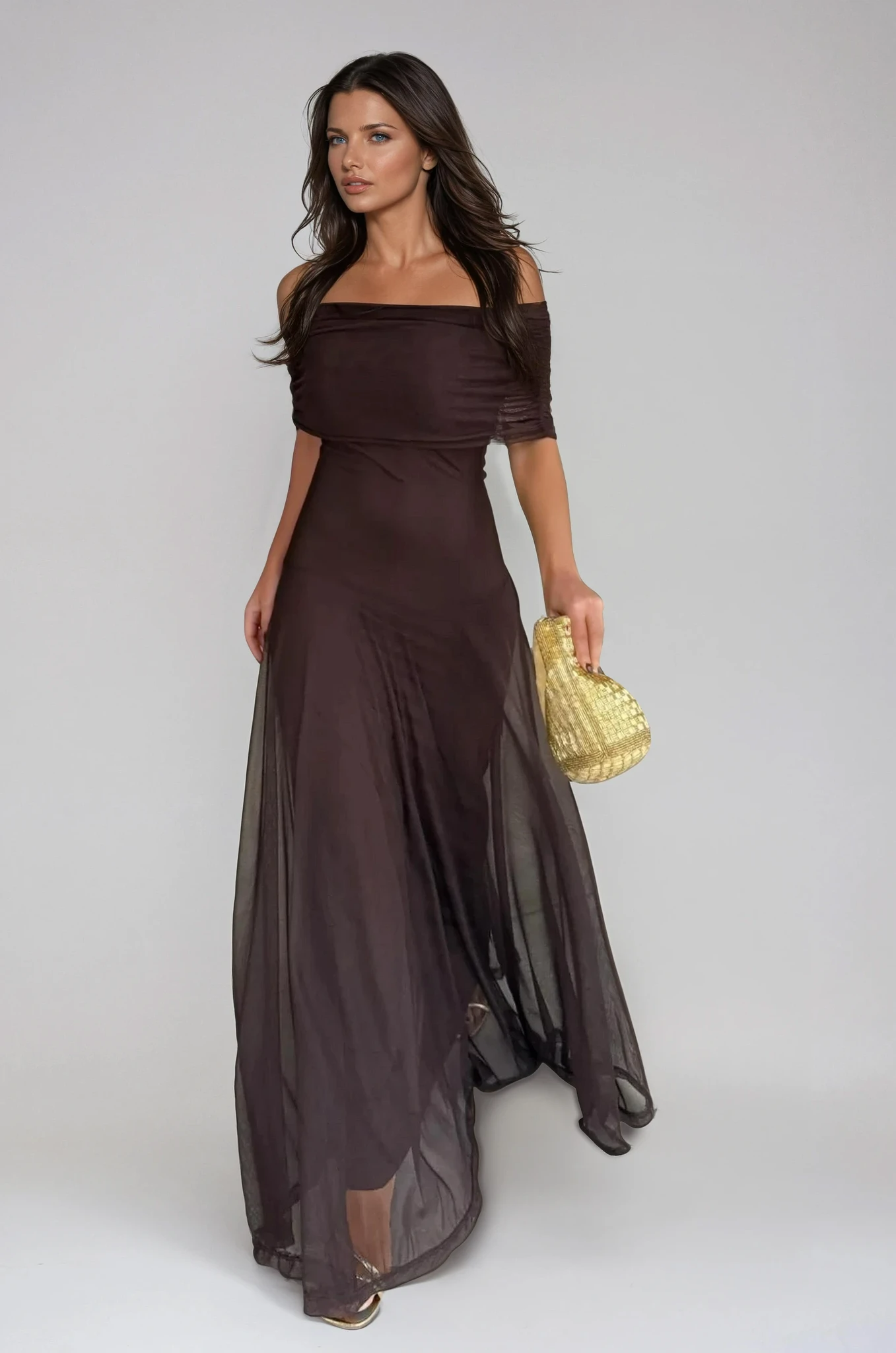 Robe longue élégante pour femme invitée de mariage avec superposition en mesh
