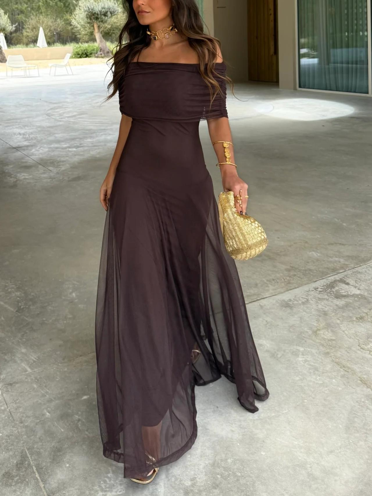Robe longue élégante pour femme invitée de mariage avec superposition en mesh