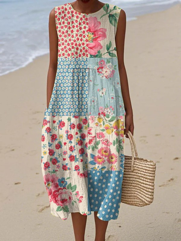 Abito midi svasato floreale patchwork da donna, vestibilità morbida