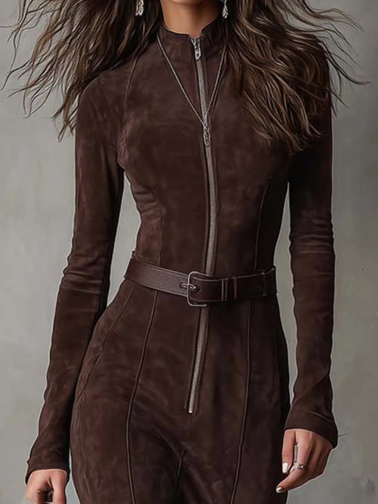 Women's Suede Maxi Dress with Belt