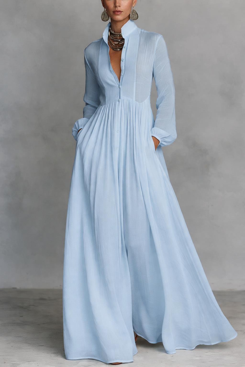 Women's Collared V-Neck Gathered Waist Maxi Dress