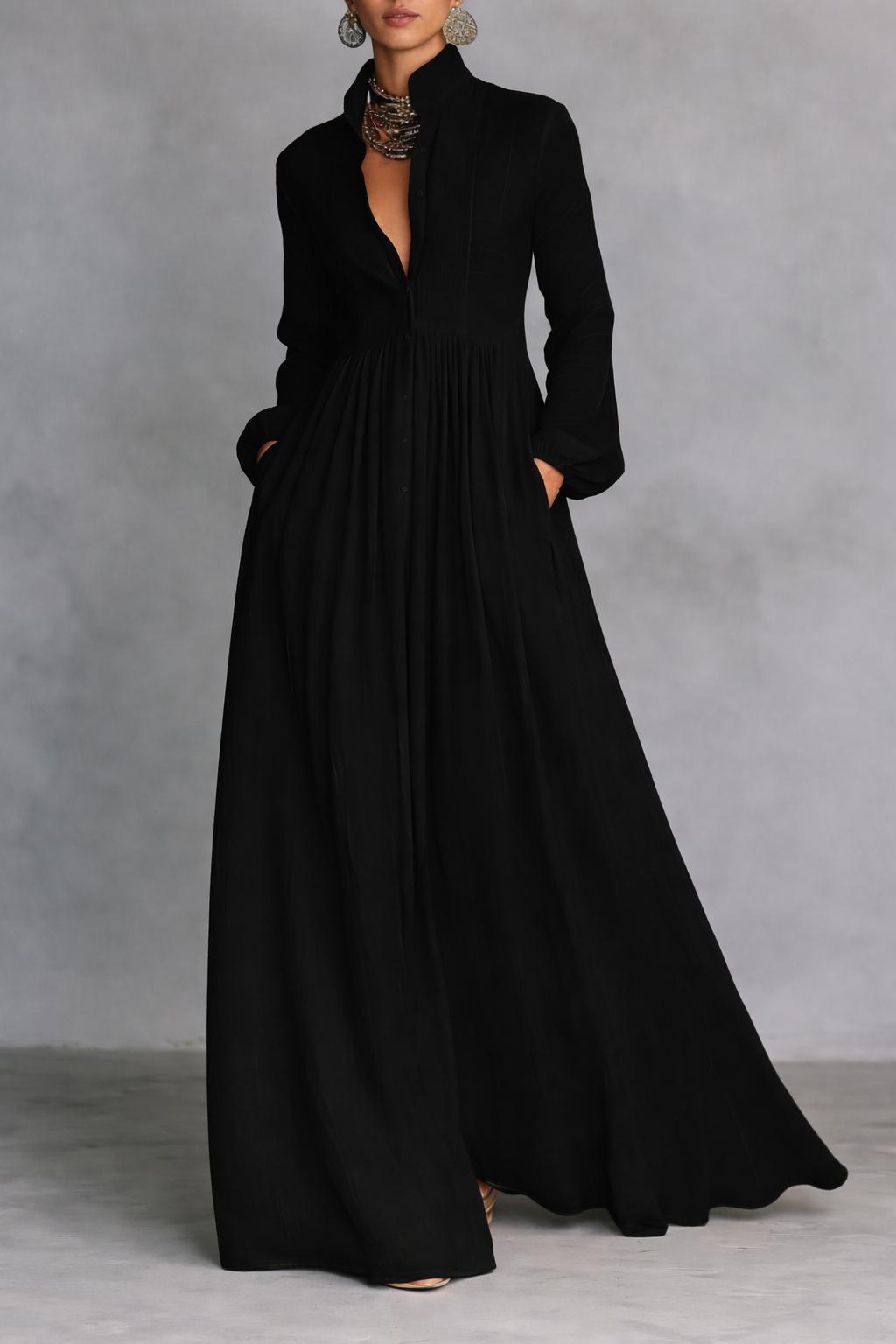 Women's Collared V-Neck Gathered Waist Maxi Dress
