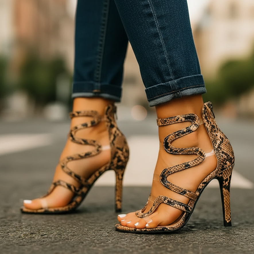 Women's Reptile Texture Ankle Wrap Heels