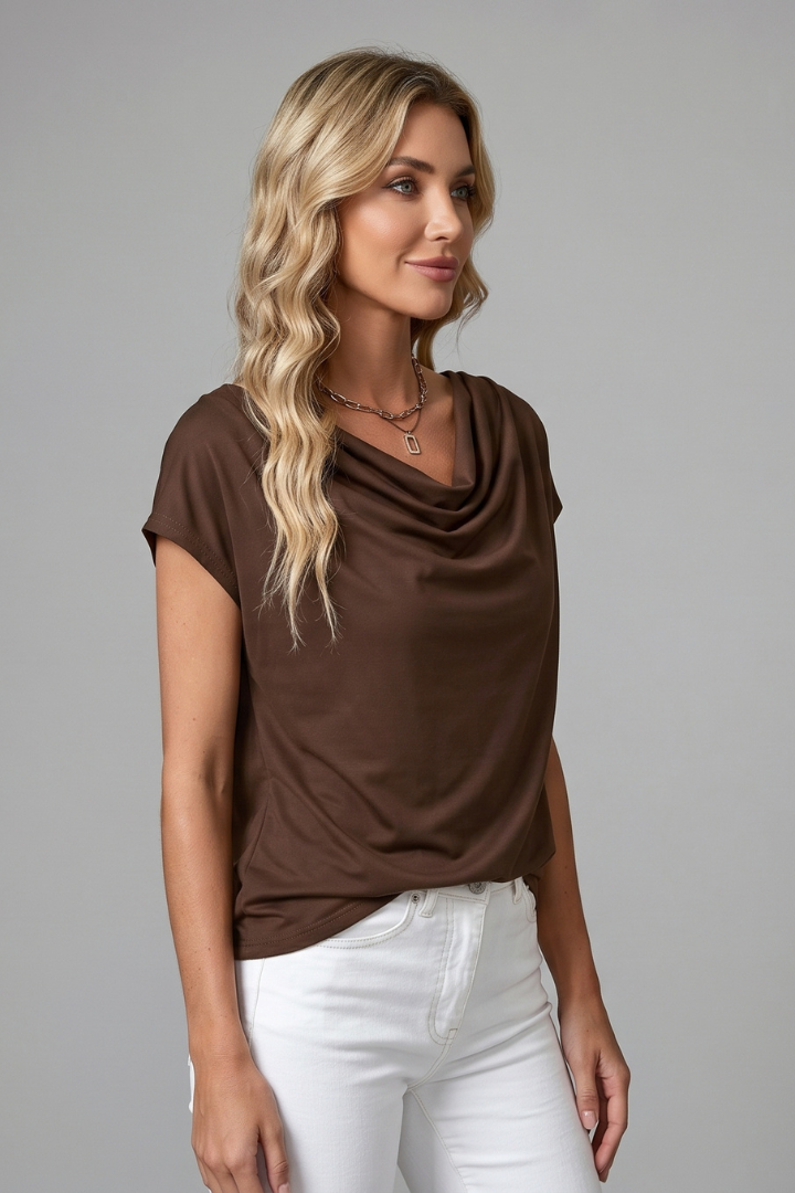 Women's Draped Cowl Neck Short Sleeve Blouse