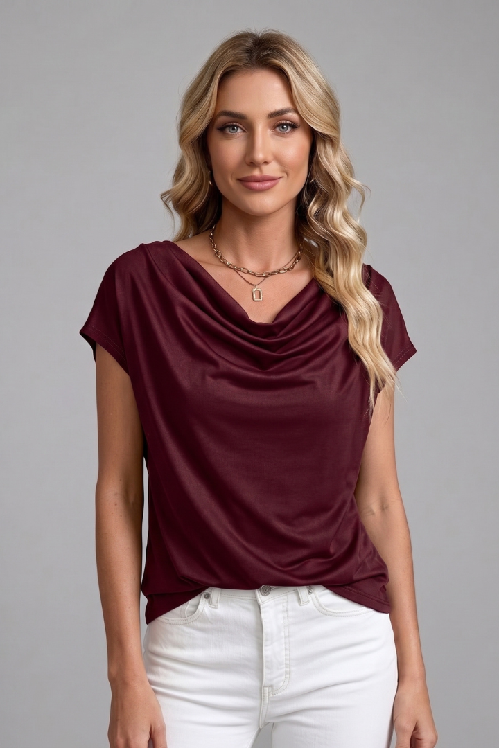 Women's Draped Cowl Neck Short Sleeve Blouse