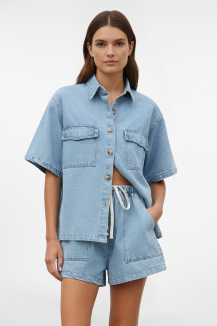 Ensemble veste-chemise en denim et short pour femmes
