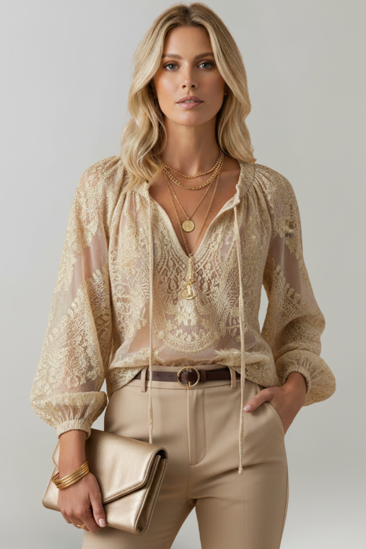 Blouse Femme Transparente en Crochet avec Manches Longues