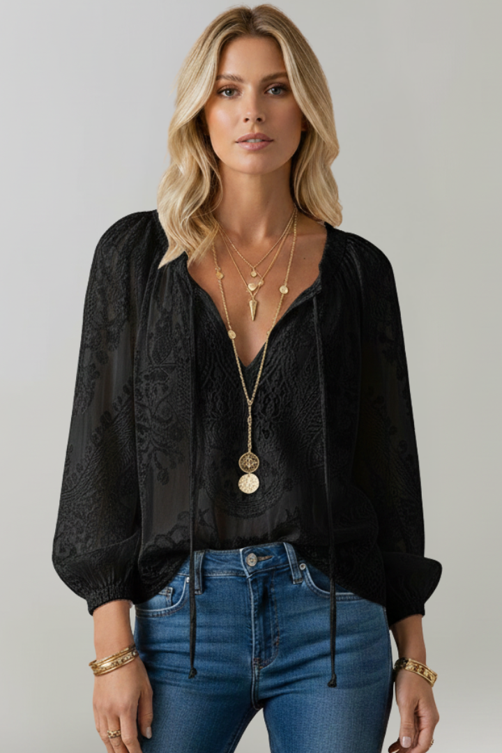 Blouse Femme Transparente en Crochet avec Manches Longues