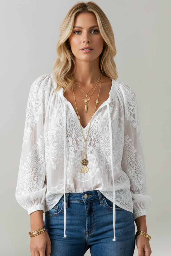 Blouse Femme Transparente en Crochet avec Manches Longues